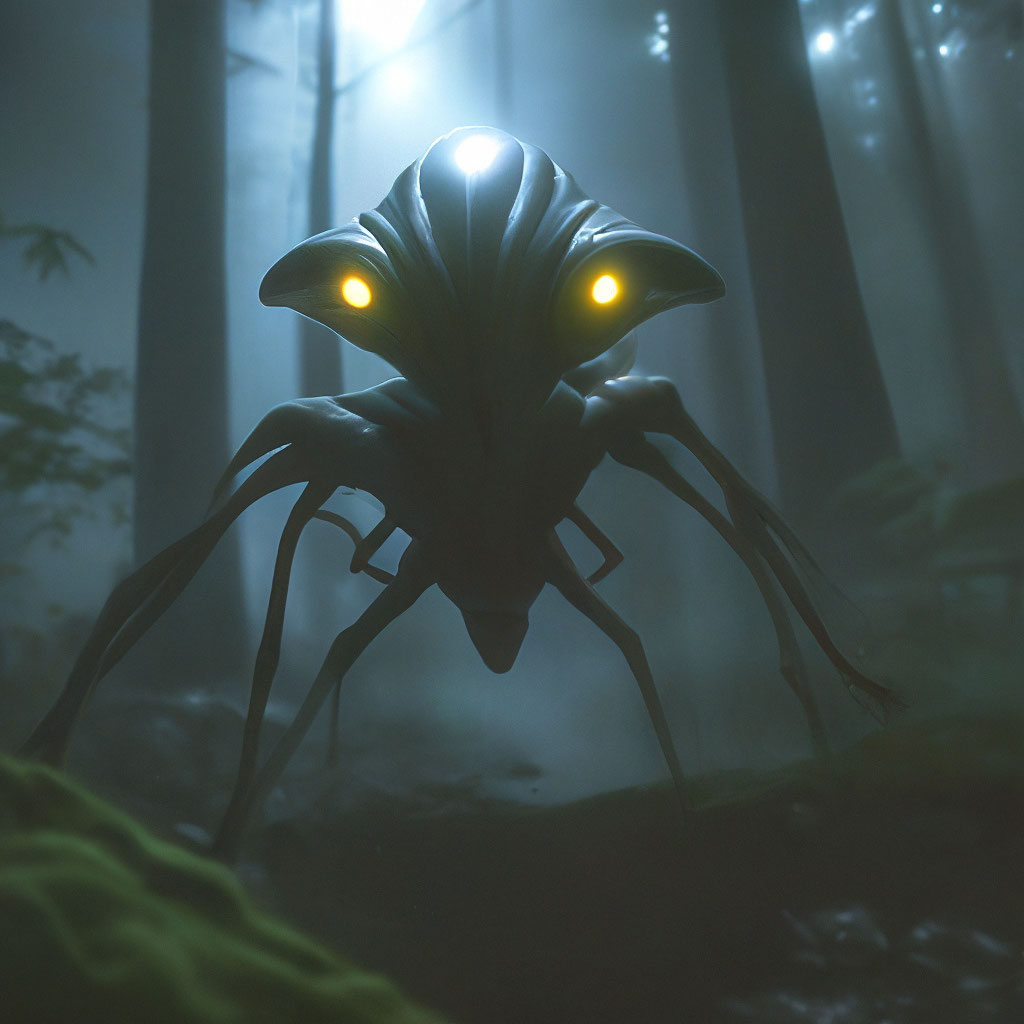 "An alien with three glowing eyes in a dark forest, photorealistic ...