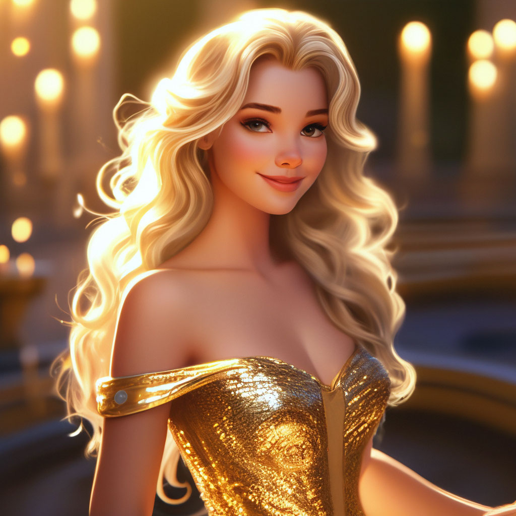 Disney princess, blonde, wavy hair, styling, shiny gold dress, sequins,  sunlight, golden tiara, beautiful"  image created in Shedevrum