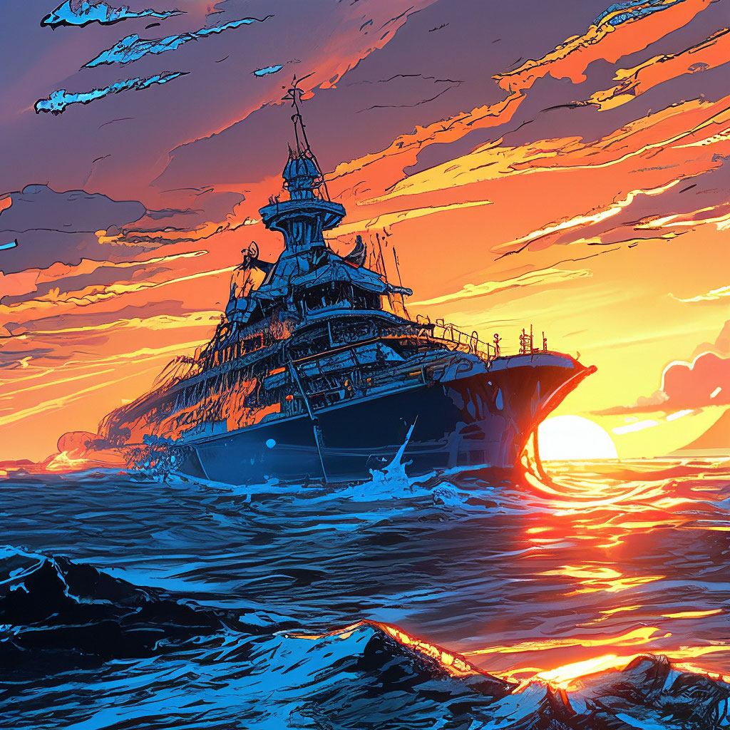 "A ship at sea at dawn" — image created in Shedevrum
