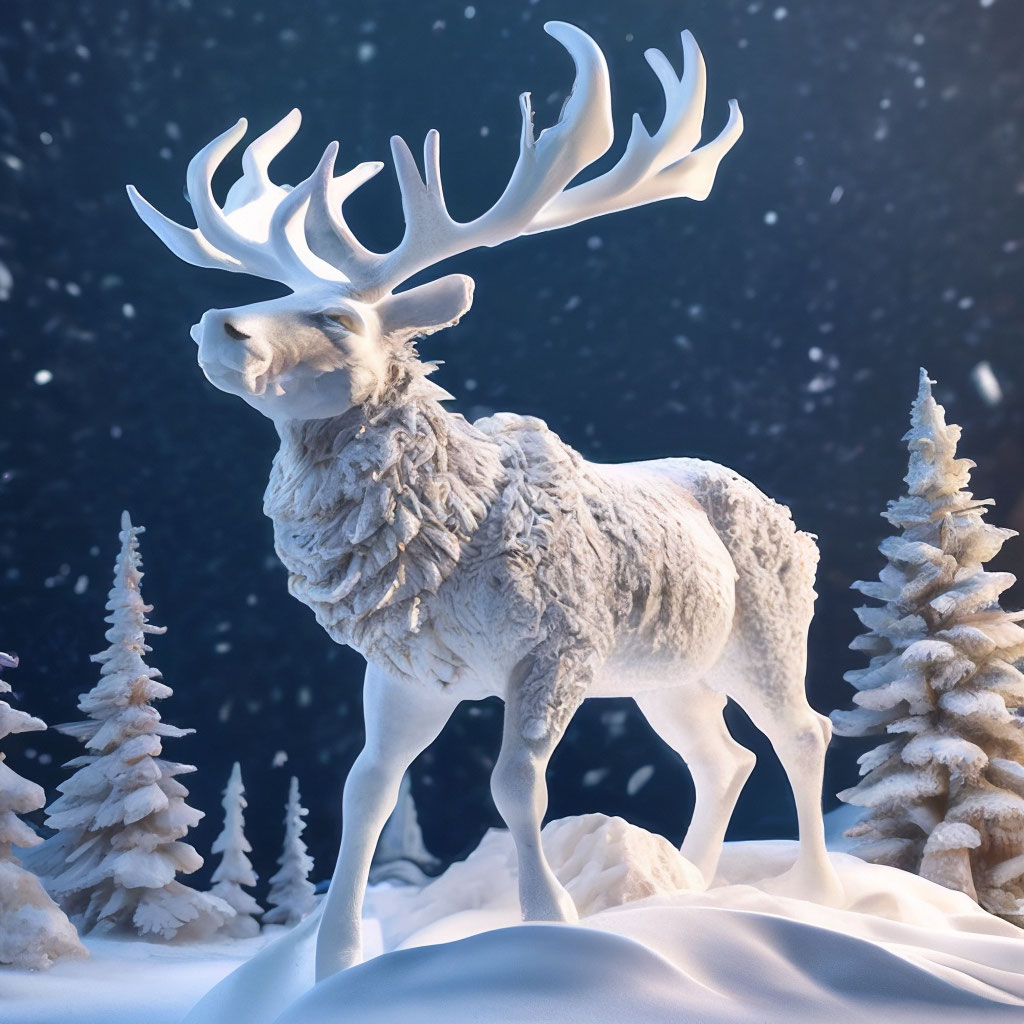 "Northern deer huge snow sculpture reindeer in the arctic, carving ...