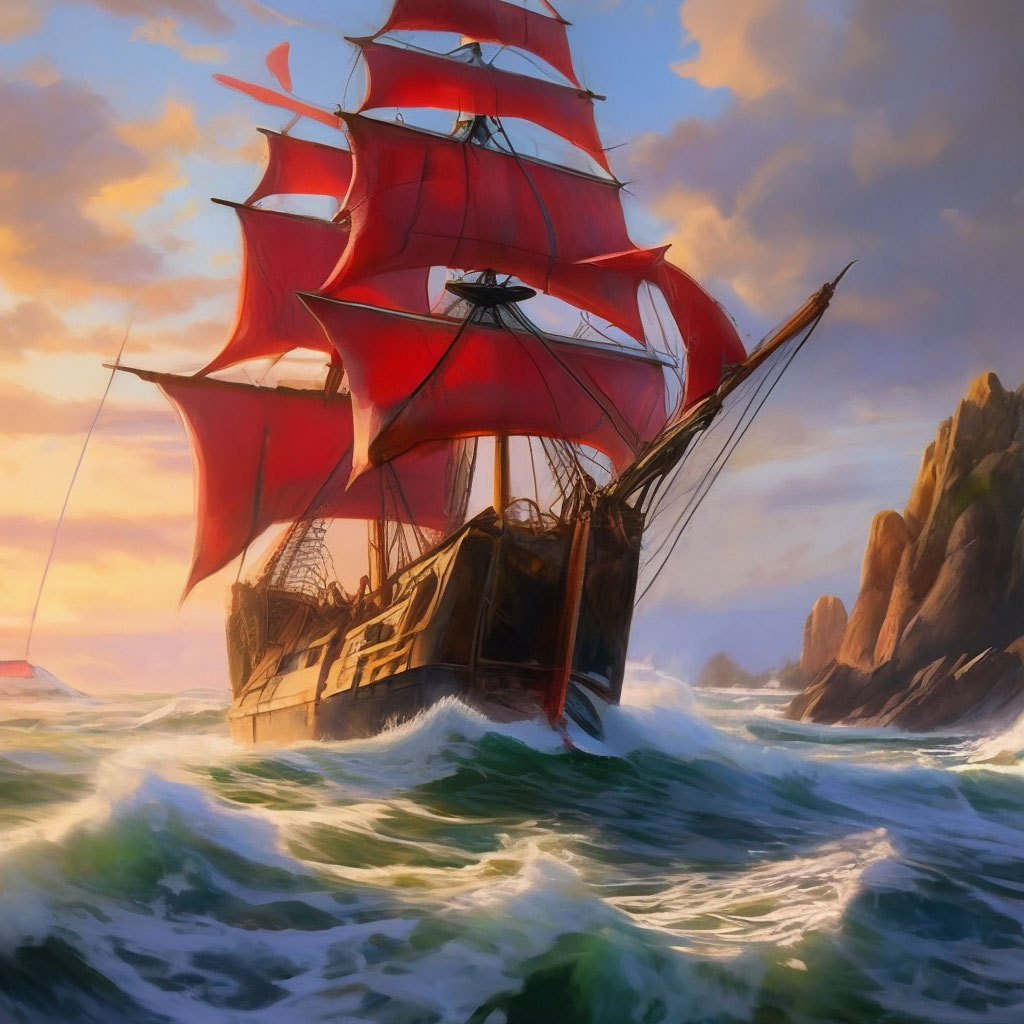 "Sea A very beautiful ancient ship with airy scarlet sails sails into ...