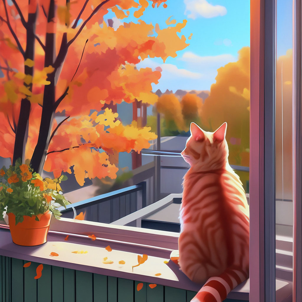 "A pink cat that stands on a balcony with an open window in which ...