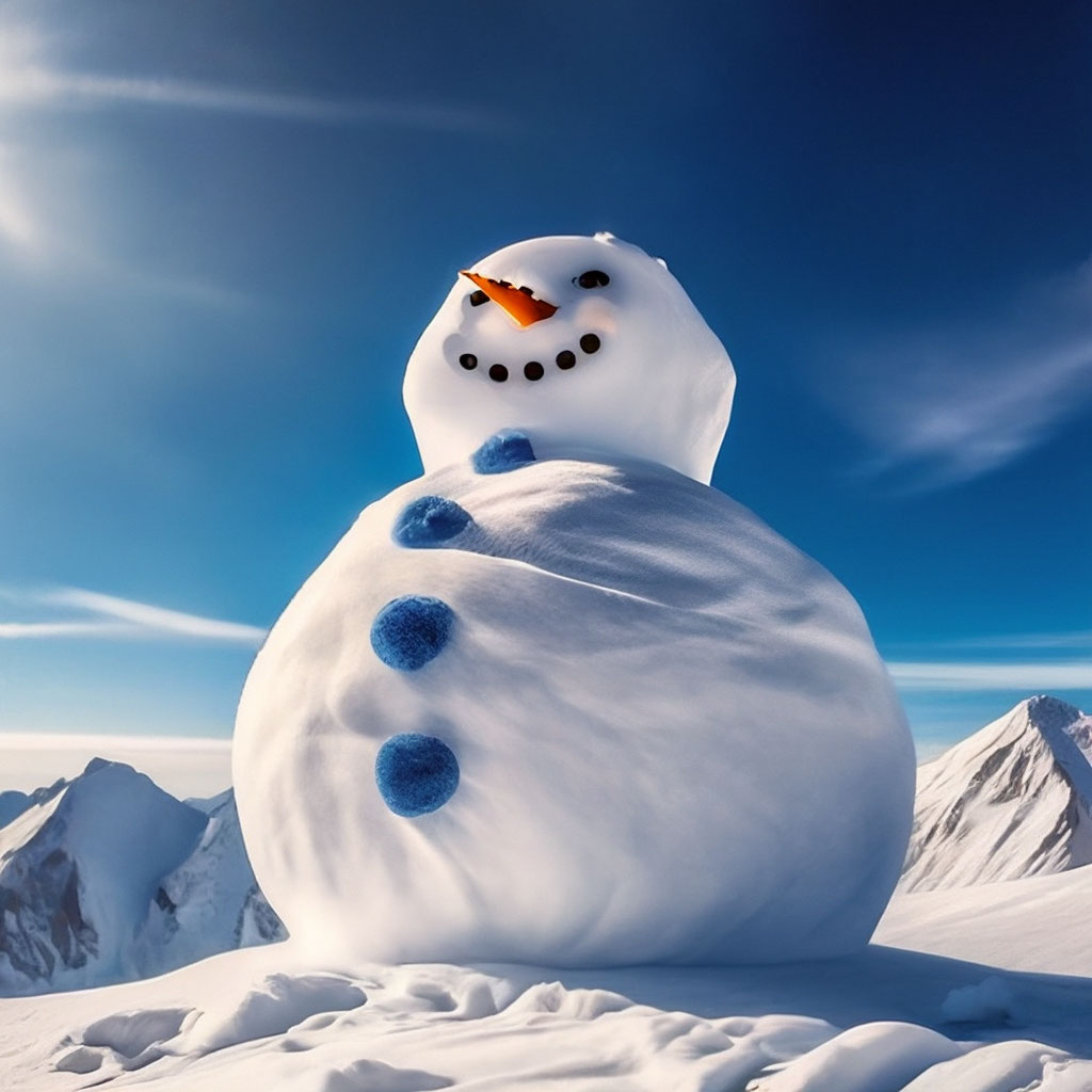 "Big snowman on a blue sky background ,on top of a mountain, sunny ...