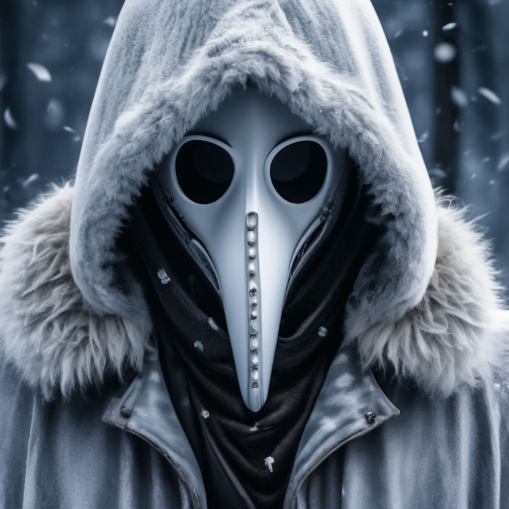 "A man with a white plague doctor mask completely wrapped in white fur ...
