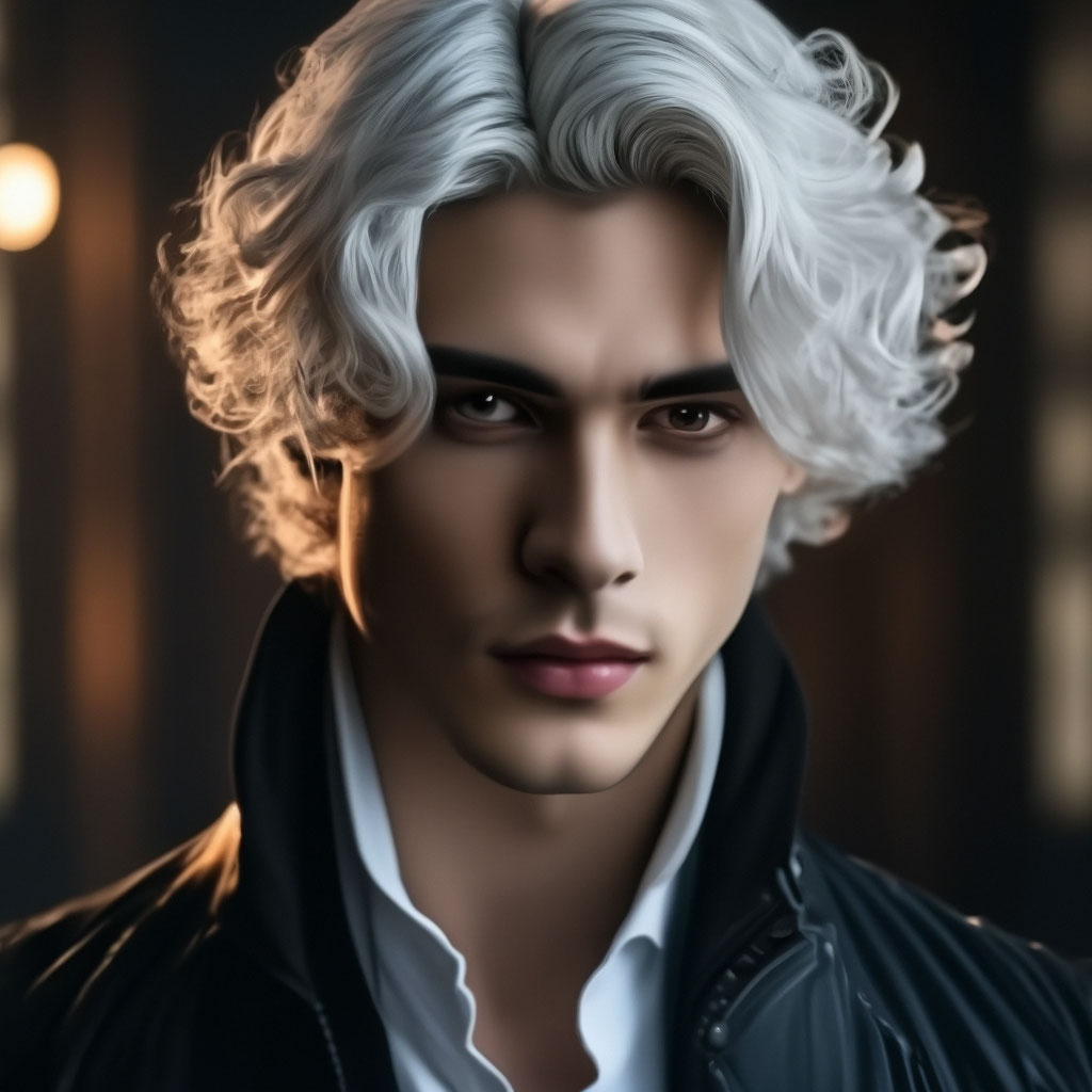 "Handsome young male vampire elegant face, lean moderate, white curly ...