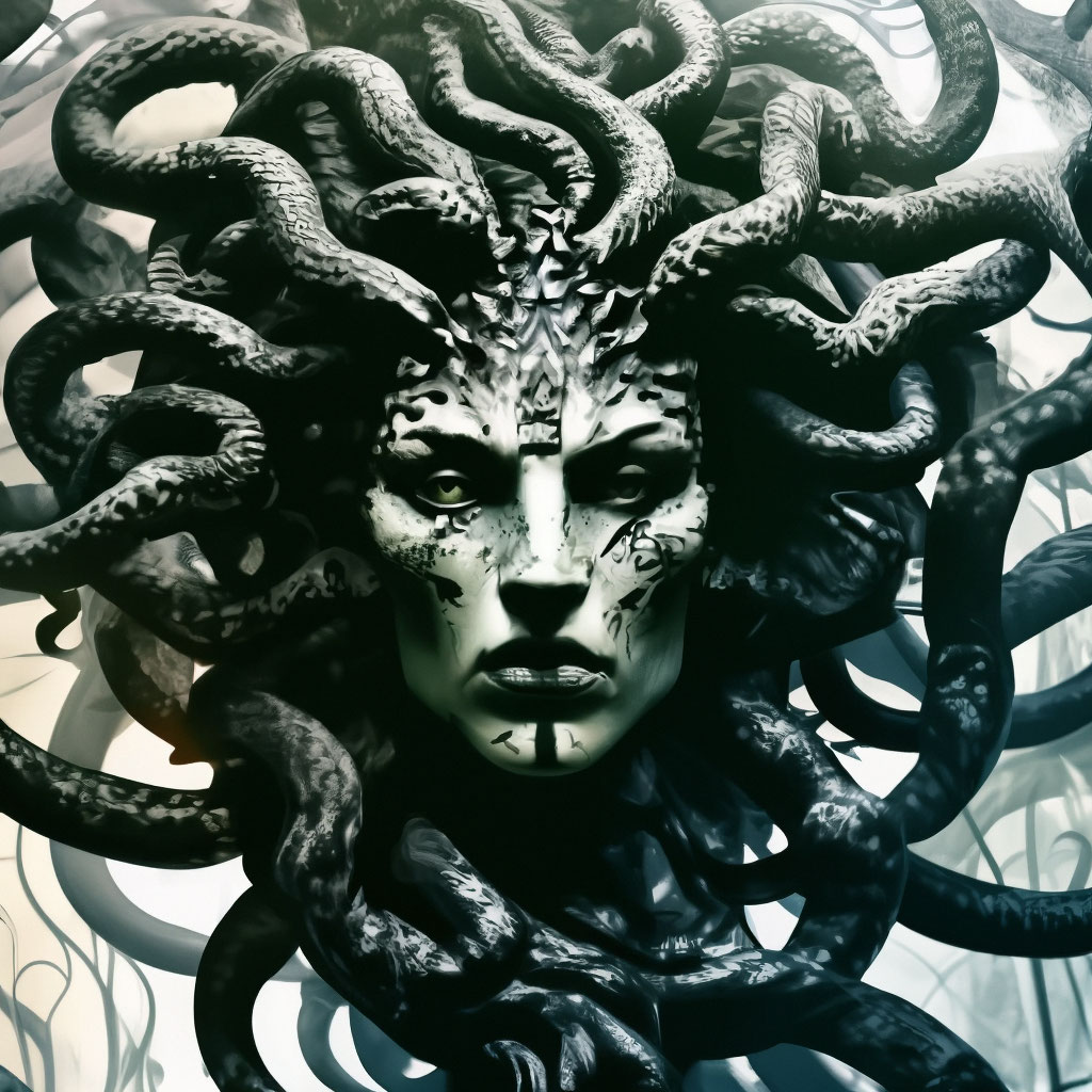 "The Gorgon Medusa abstraction, double exposure, high contrast, ink and ...