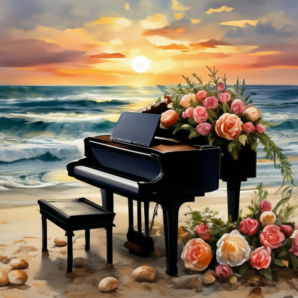 "On the sea beach, a piano with a pianist, a bouquet of flowers, wet ...