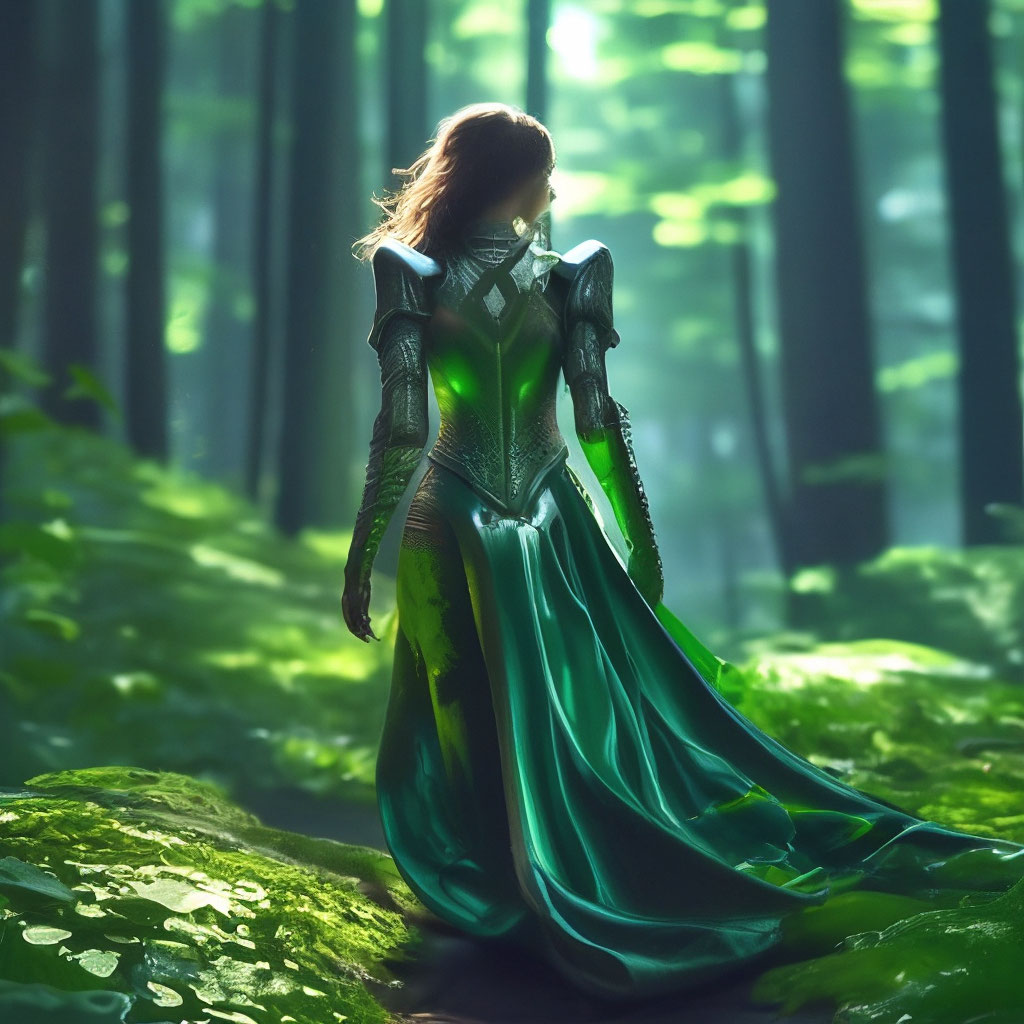 "The girl was walking through the forest in a green dress ...