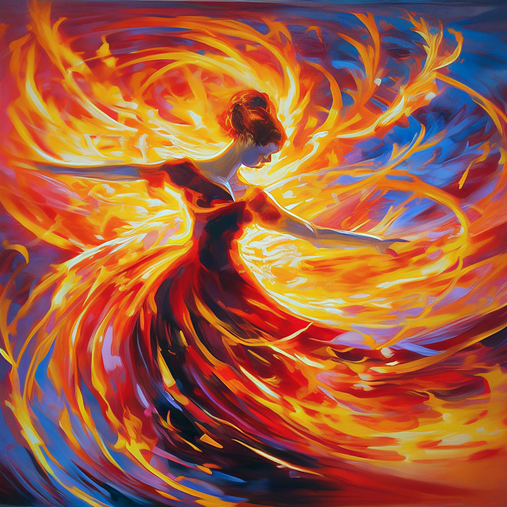 ""Dance of Fire" The painting shows a bright orange fire dance with ...