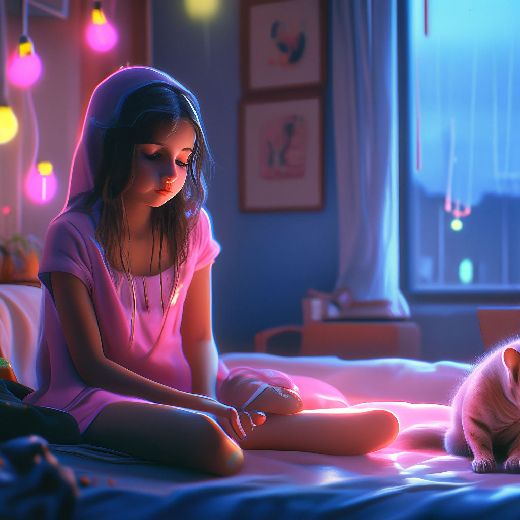 "A beautiful girl is crying in the corner of her room with a garland ...