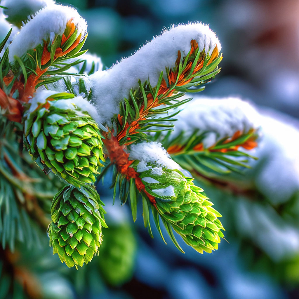"Professional photo, an emerald branch of a young fresh pine with two ...