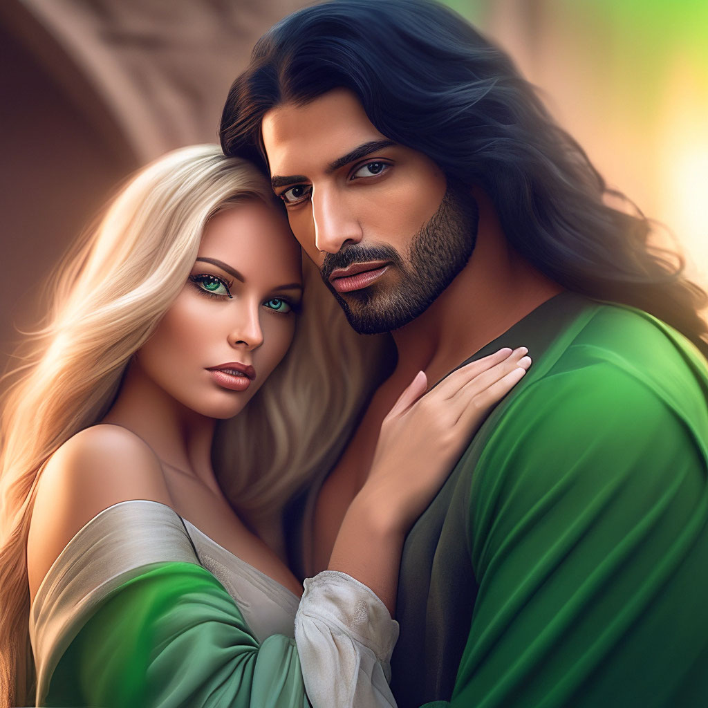 "A handsome powerful Arab man with long black hair, gently embraces a ...