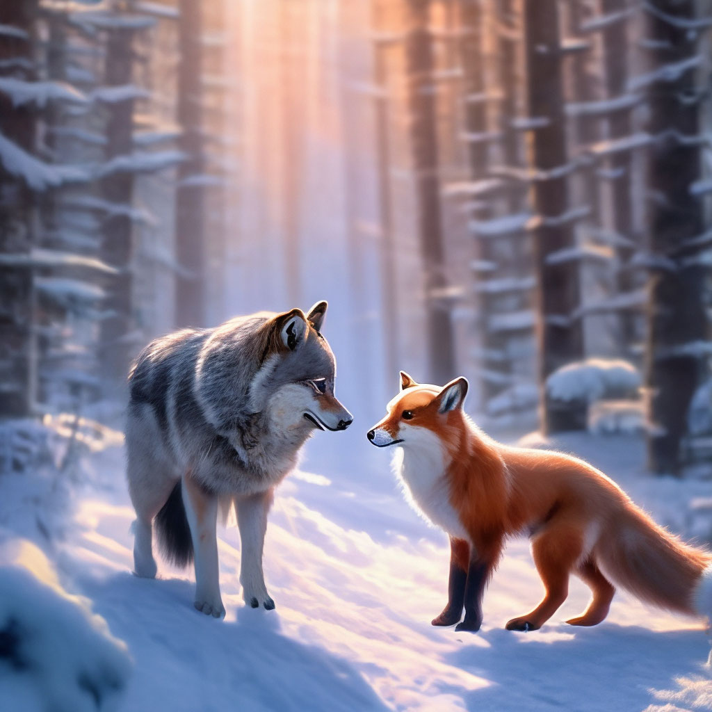 "Winter forest. a gray wolf and a fluffy red fox walk amicably along ...