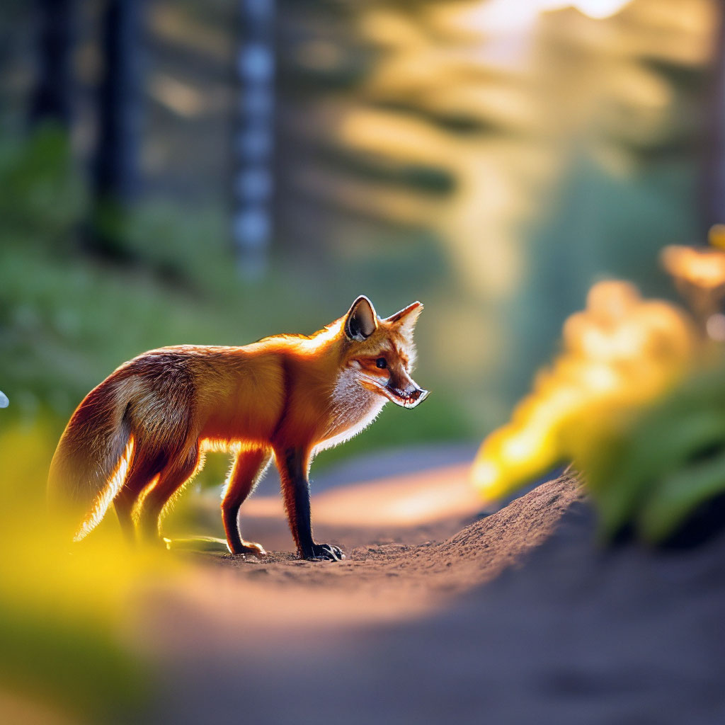 "A red fox on a forest path , the sun is bright lighting" — image ...