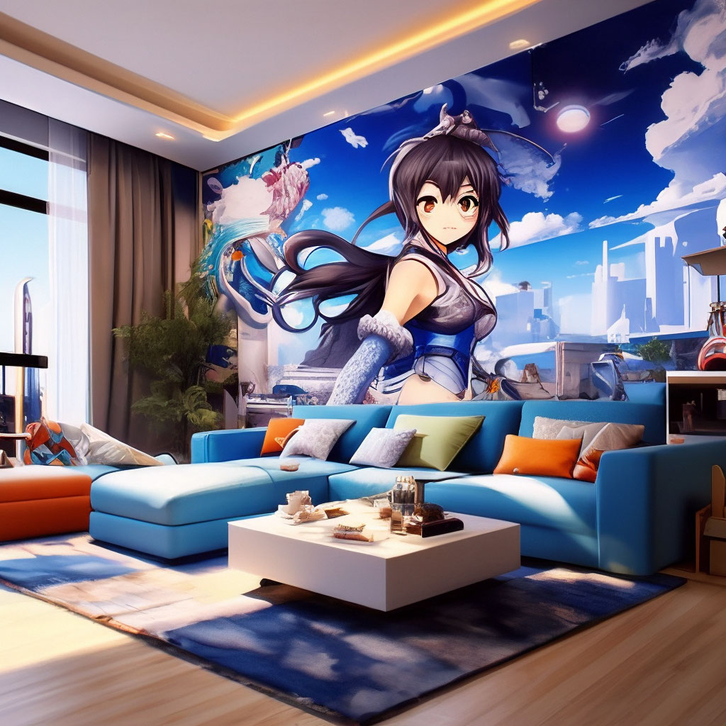 "Home interior, living room in manga style, anime+wall painting style ...