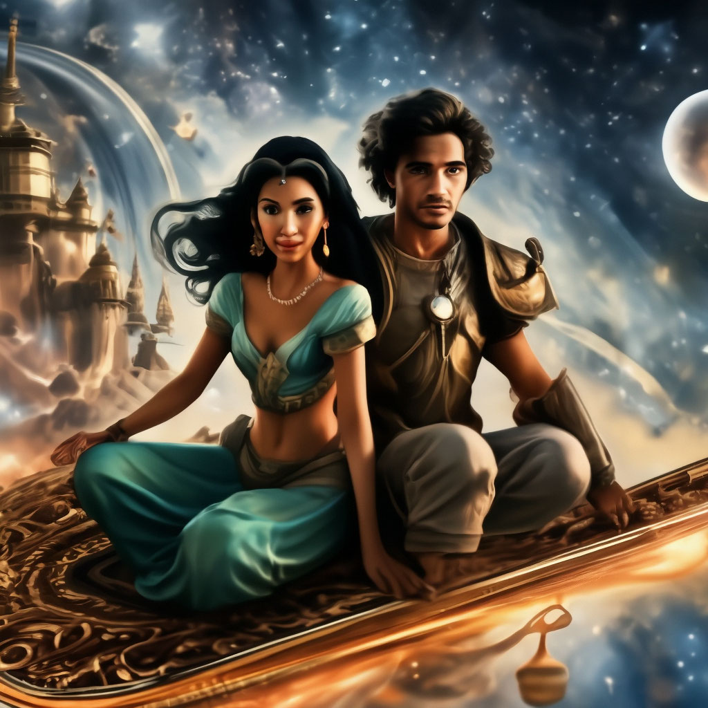 "Aladdin and Jasmine fly on a magic carpet space magic landscape ...