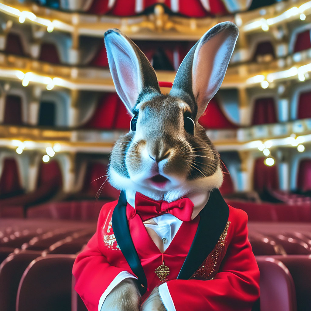 "Rabbit in a red tuxedo at the bolshoi theater" — image created in ...