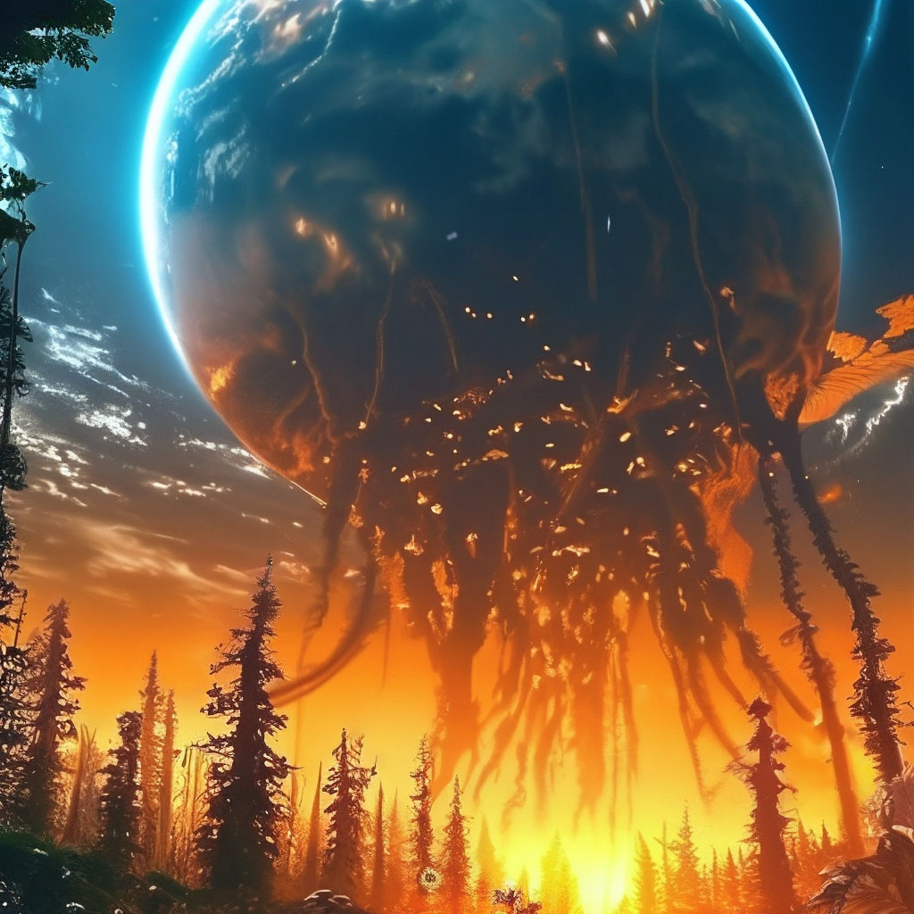 "Huge mutant forest under the starry sky in the orange radiation zone ...