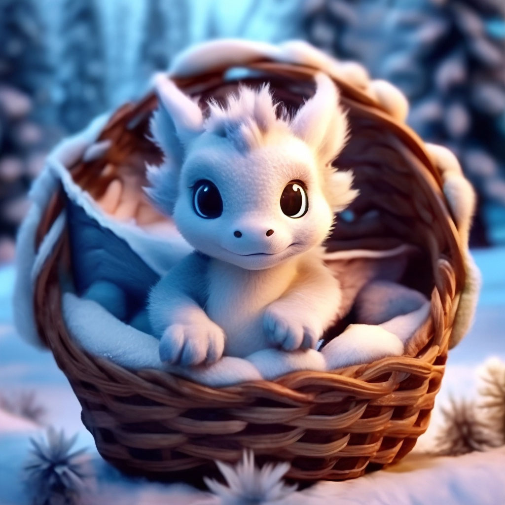 "Fluffy little cute dragon sitting in a basket, winter forest ...