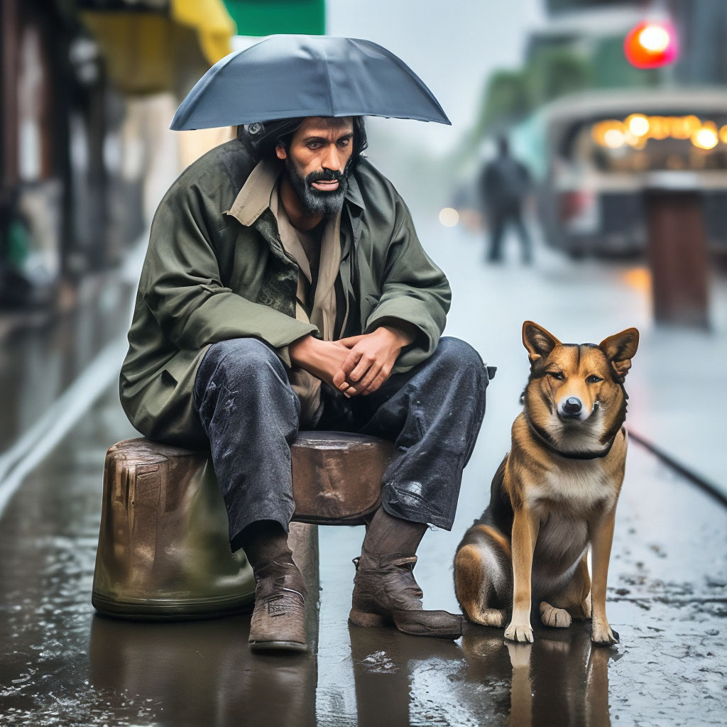 "Street , rain , a homeless man is sitting next to a street dog ...