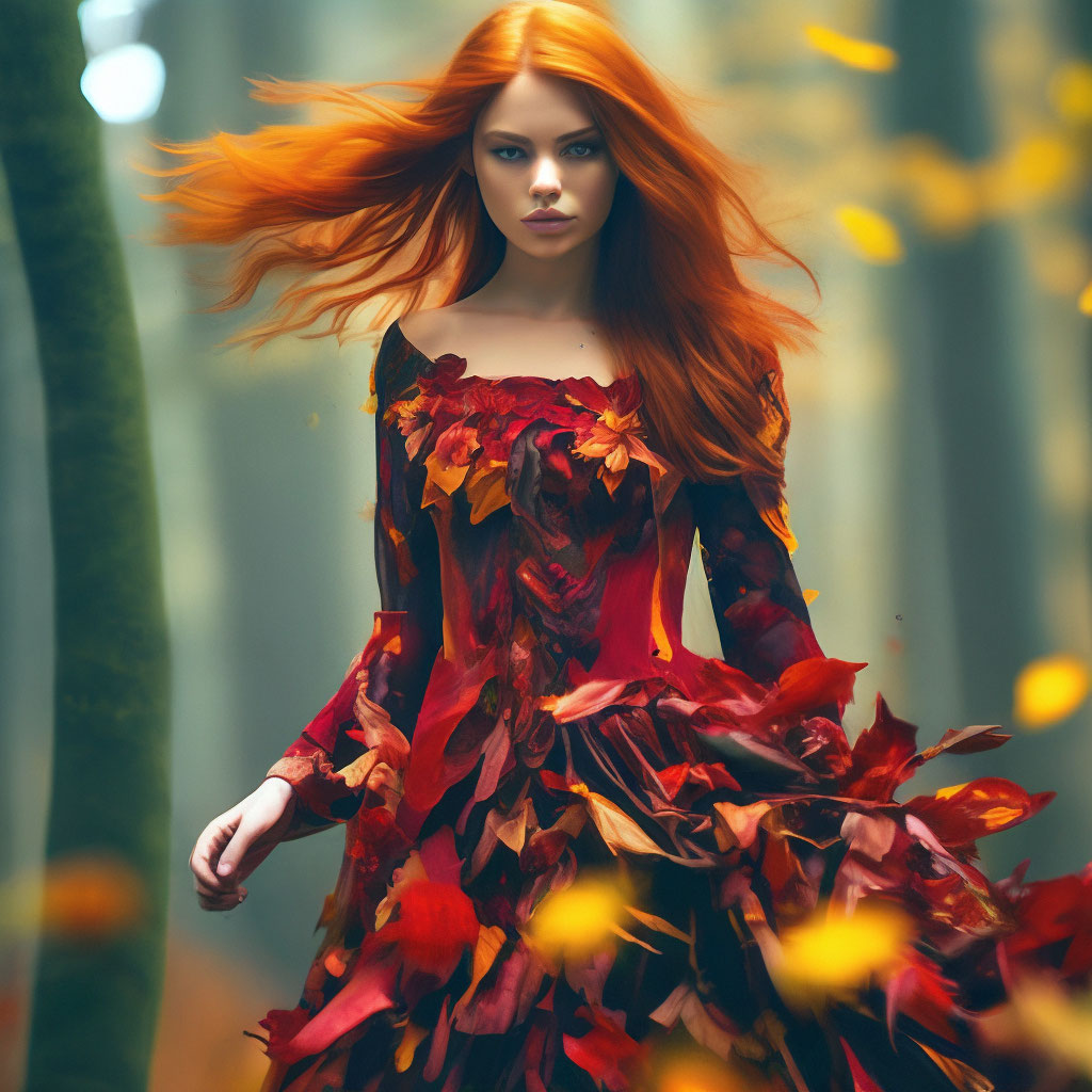 "A girl in a dress of red, red and yellow leaves, with fiery red hair ...