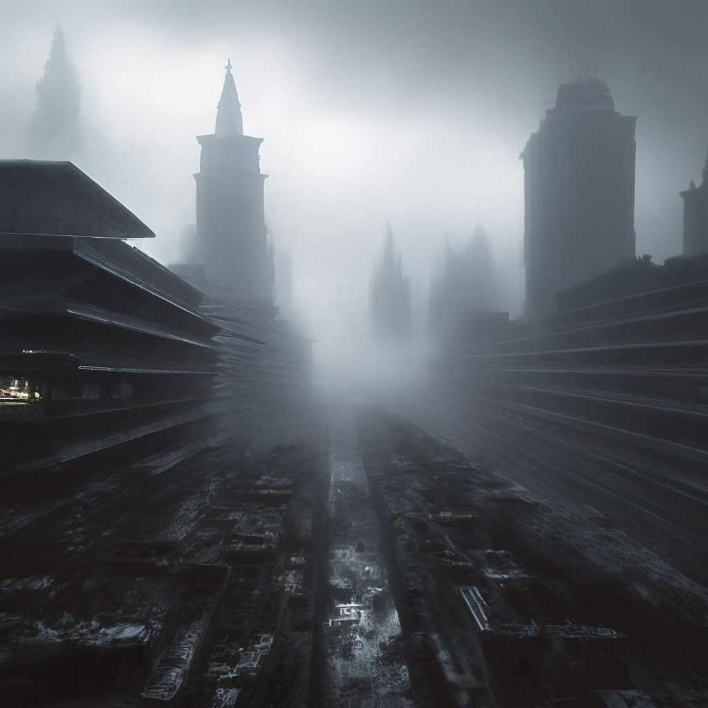 "High detail in the distance from the gloomy fog over a dark abandoned ...