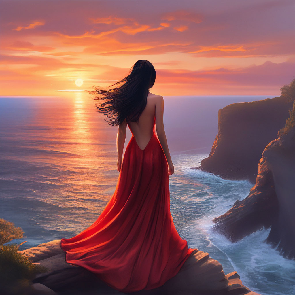 "A girl with long dark hair in a red long dress with an open back ...
