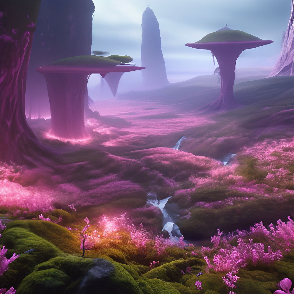 "Alien landscape: flying over a pink forest overgrown valley full of ...