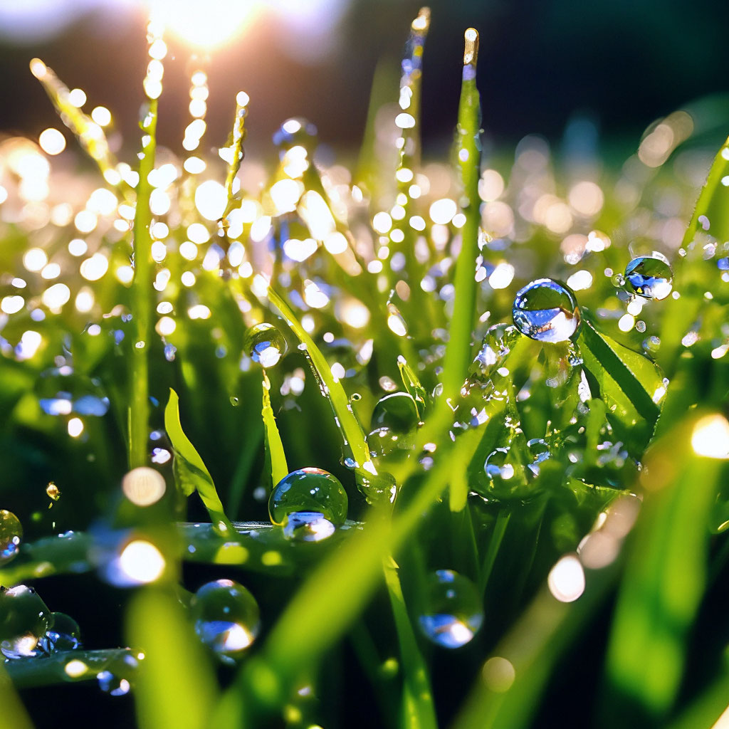 "Large dew drops on green grass early morning sun glare, aesthetically ...