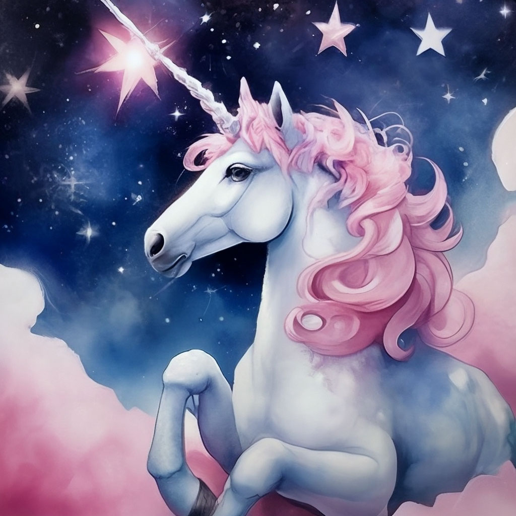 "A beautiful unicorn sits on a pink cloud and holds a star in the front ...
