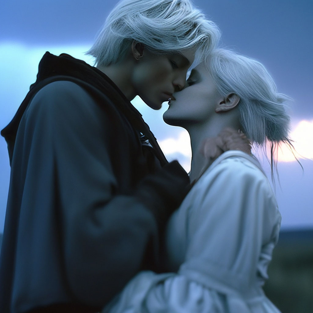 "A witch kisses a young man with white hair" — image created in Shedevrum