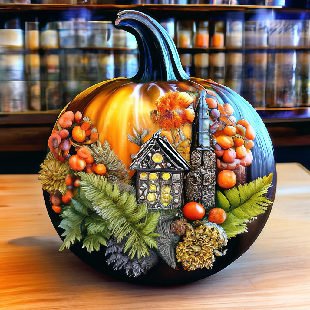 "Alcohol ink with drawing,volumetric round pan+ engraving,pumpkin house ...
