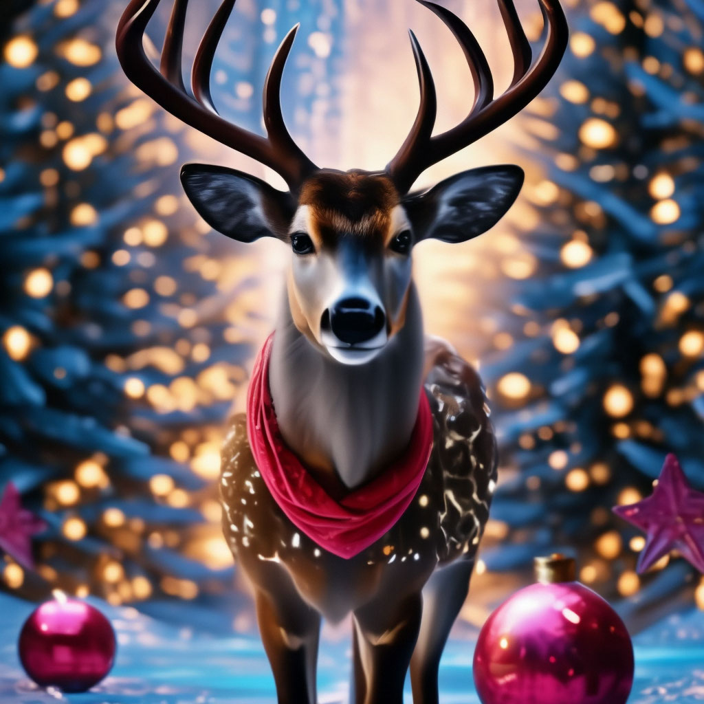 "There is a deer with a santa hat standing next to a christmas tree ...