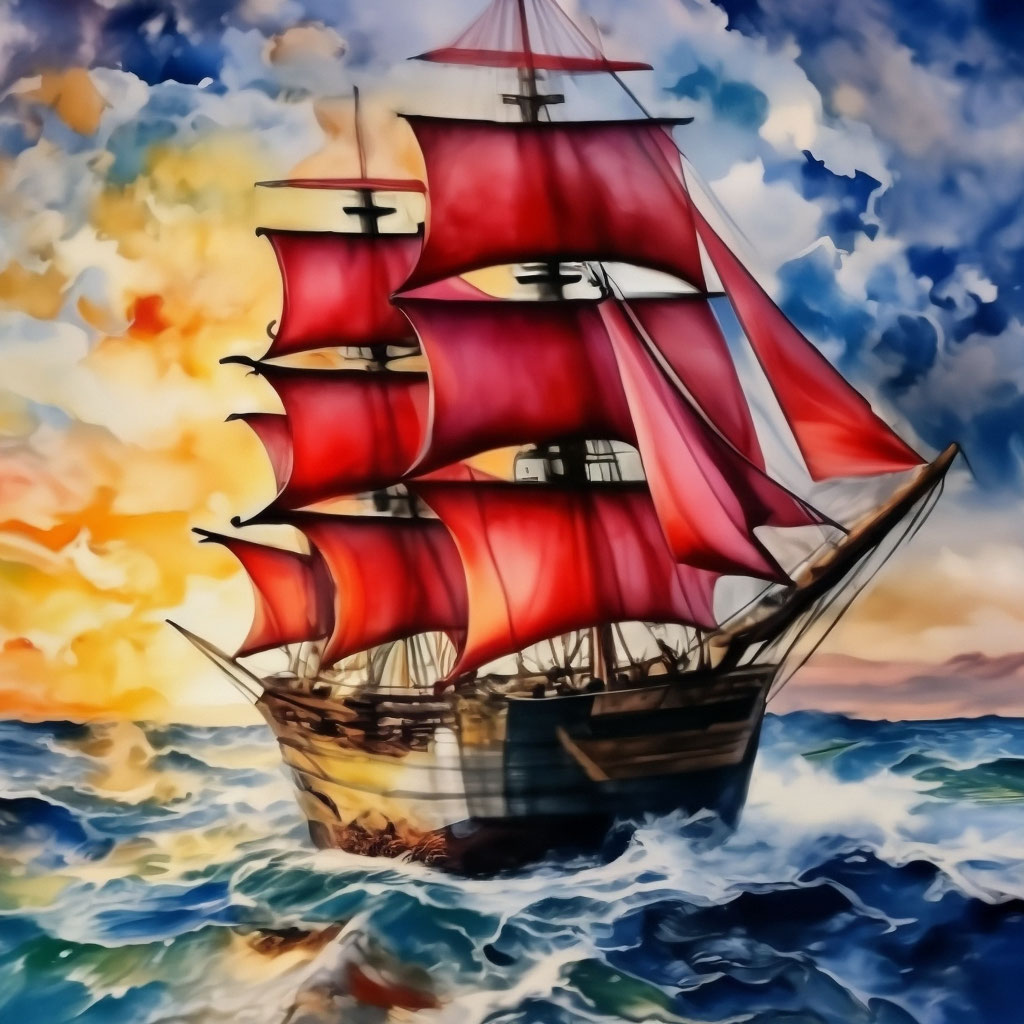 "A beautiful ship scarlet sails floats on the sea in watercolor ...
