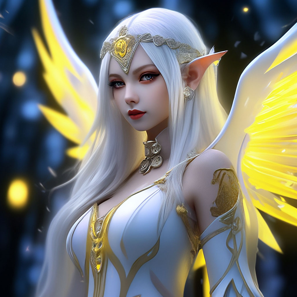 "Fantasy, a beautiful elf with wings and long white hair, with a thin ...