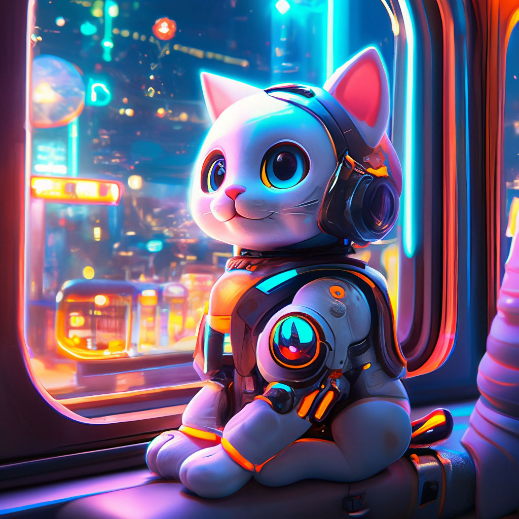 "Cartoon cute cat robot with beautiful eyes watches planets from the ...