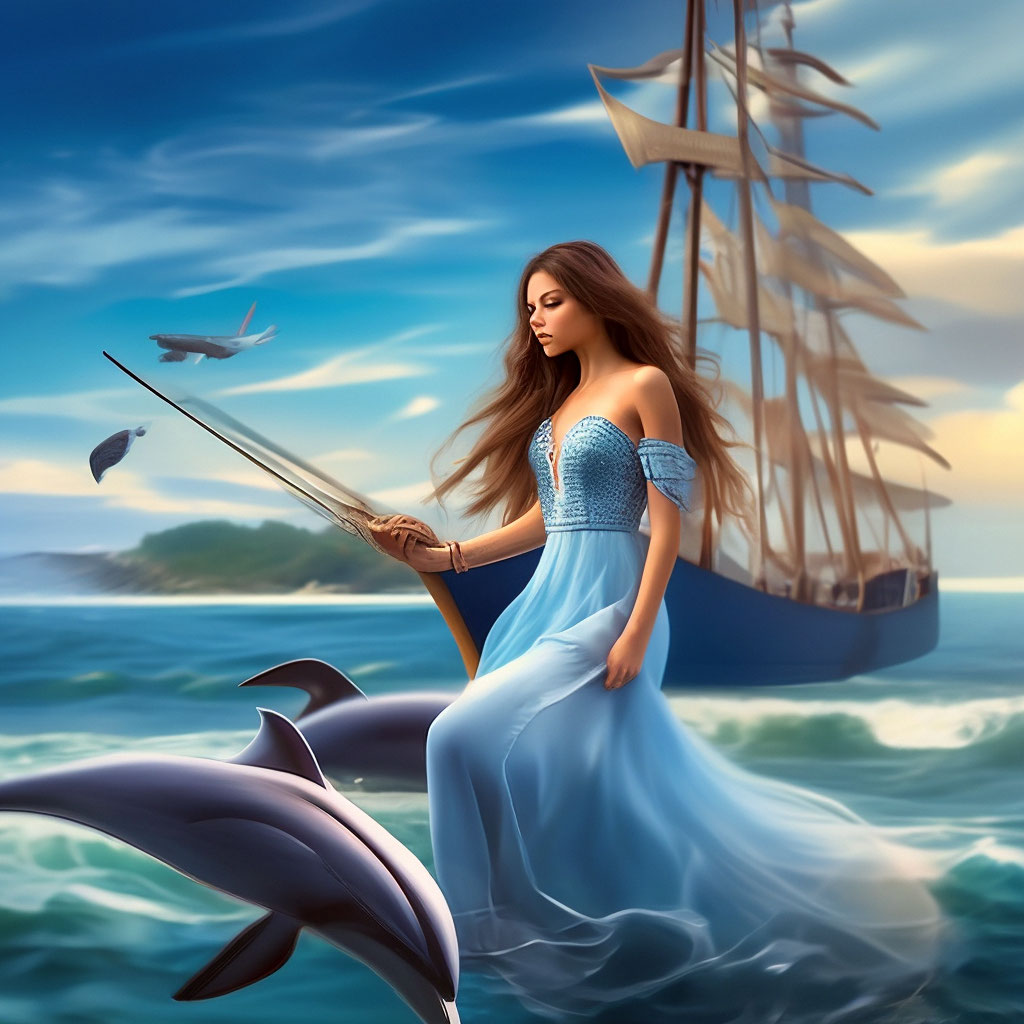 "A beautiful beach,the sea, a ship on the waves, dolphins swimming in ...