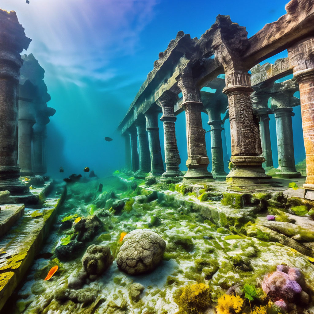 "Ruins of an ancient city on the seabed. Ruined palaces, fallen columns ...