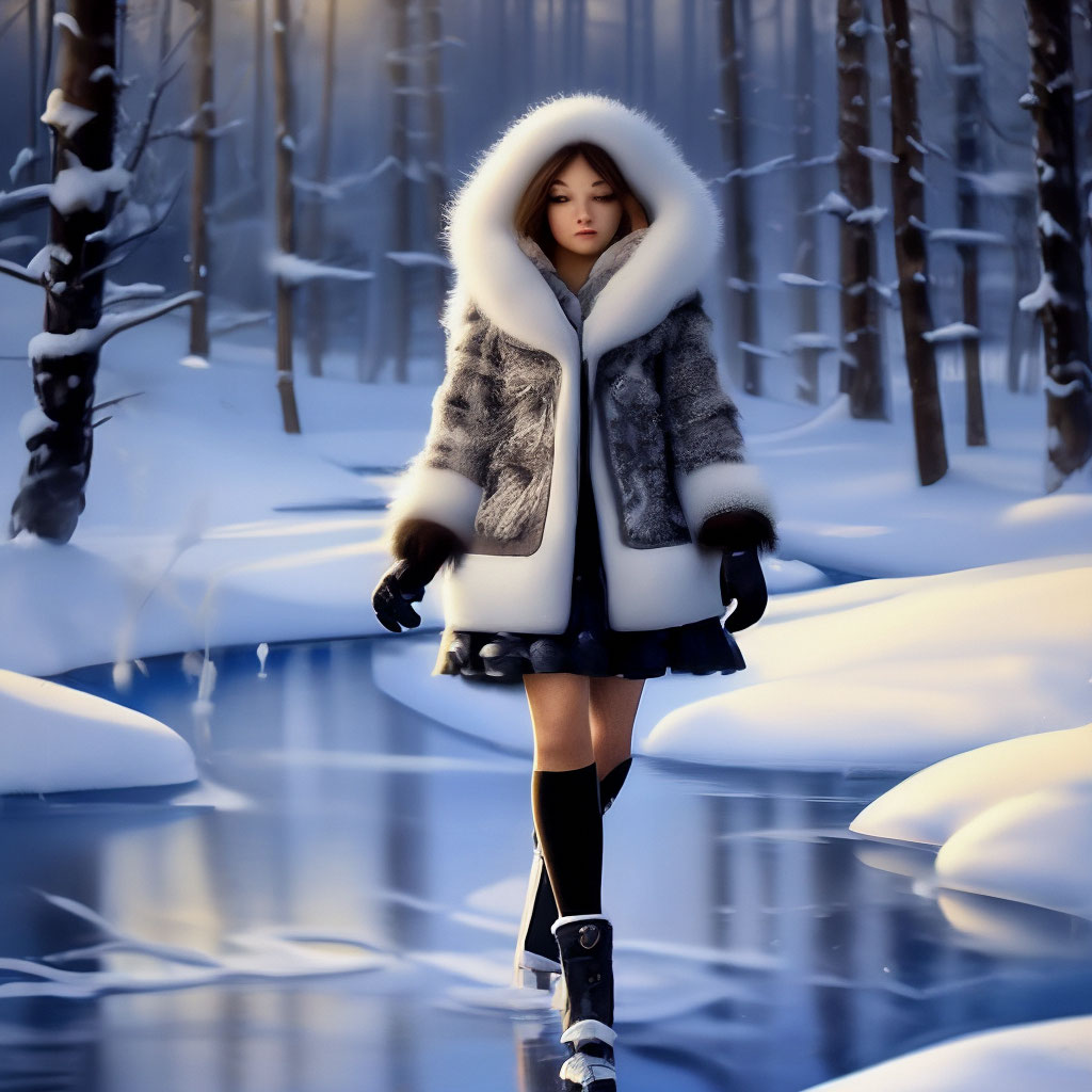 "Fabulous winter fluffy snow forest frozen pond snow maiden girl in a ...