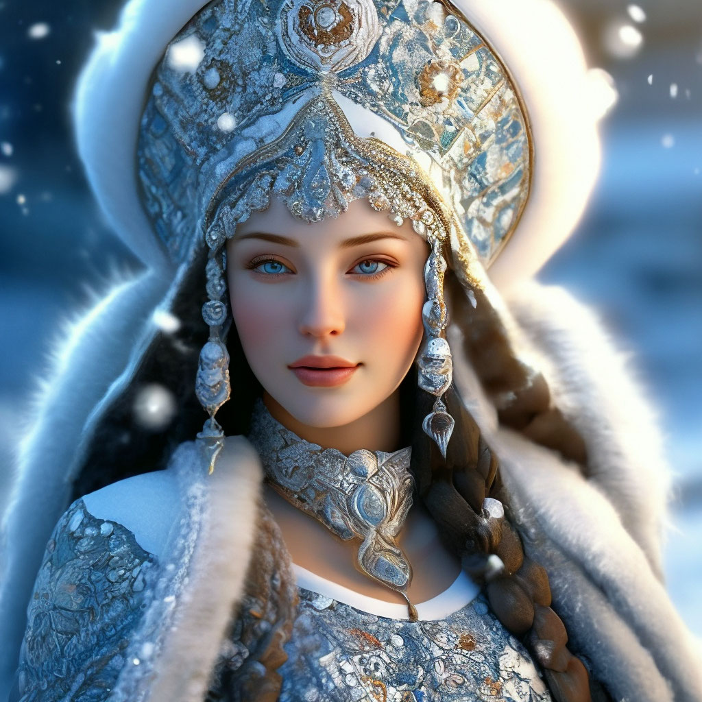 "A snow maiden with snow-white hair, decorated with a kokoshnik with ...