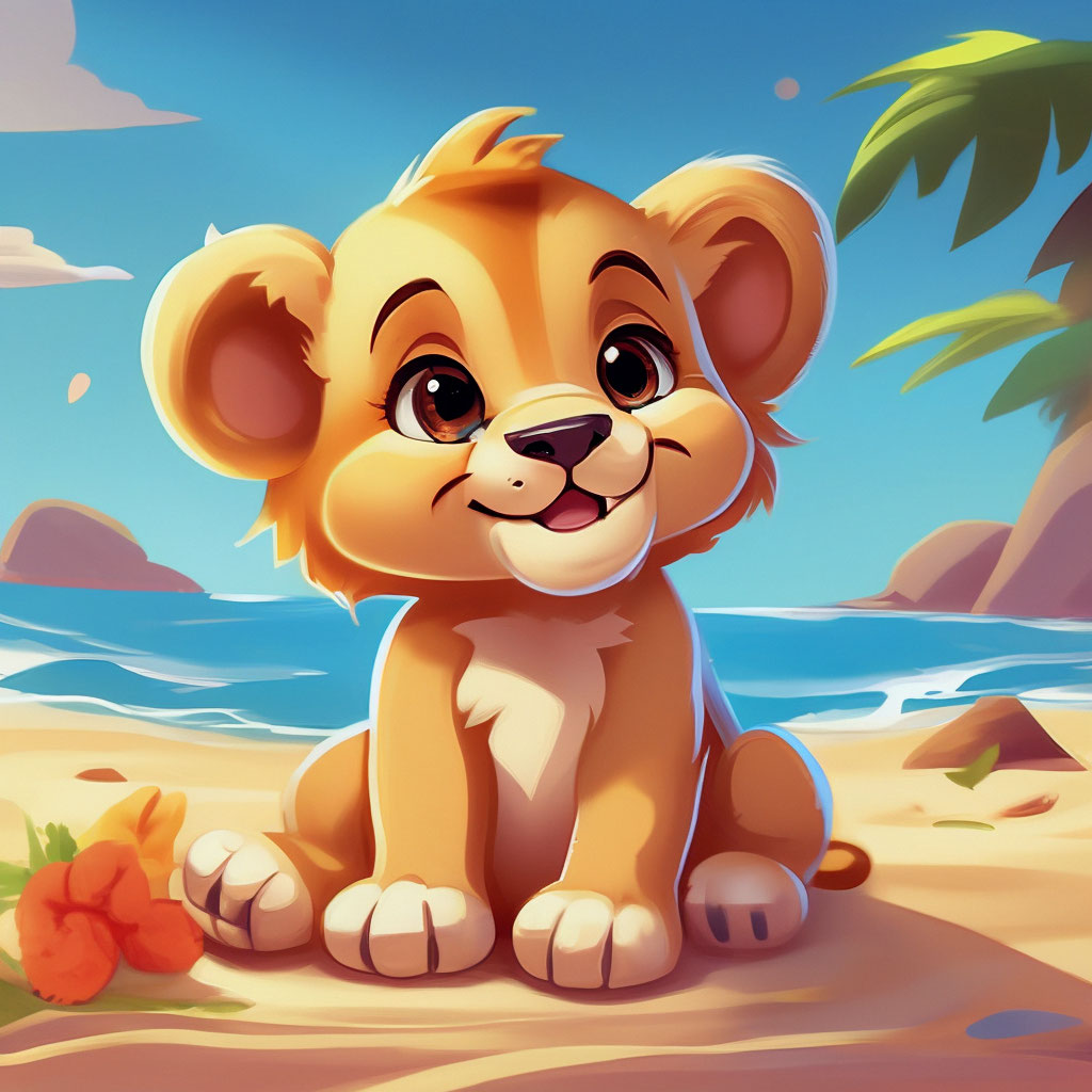 "Cartoon cute little lion cub basking on a sandy beach" — image created ...