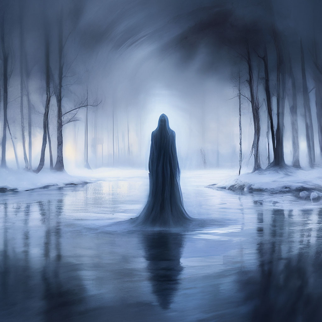 Mysticism, winter, a ghost hovered over the lake, +Panorama of ...