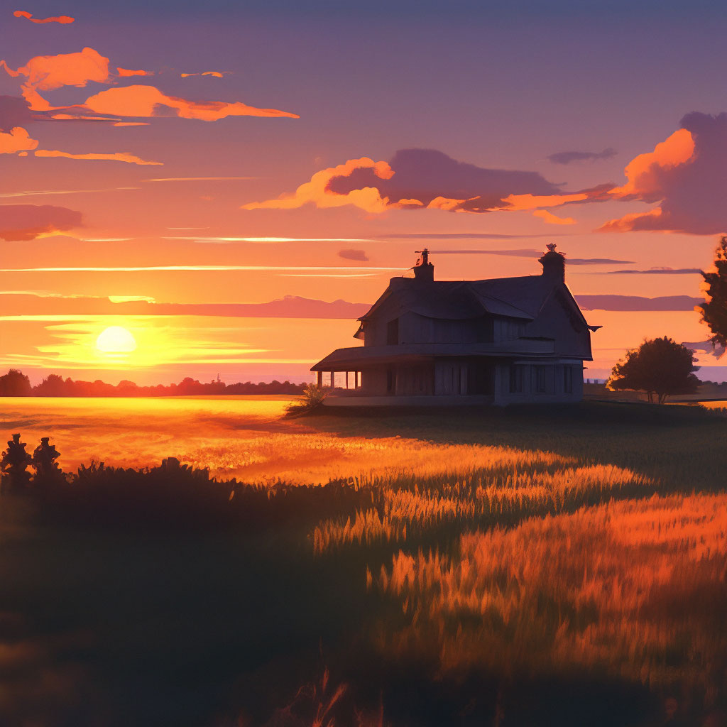 "A lonely old house stands in the middle of a field a beautiful sunset ...