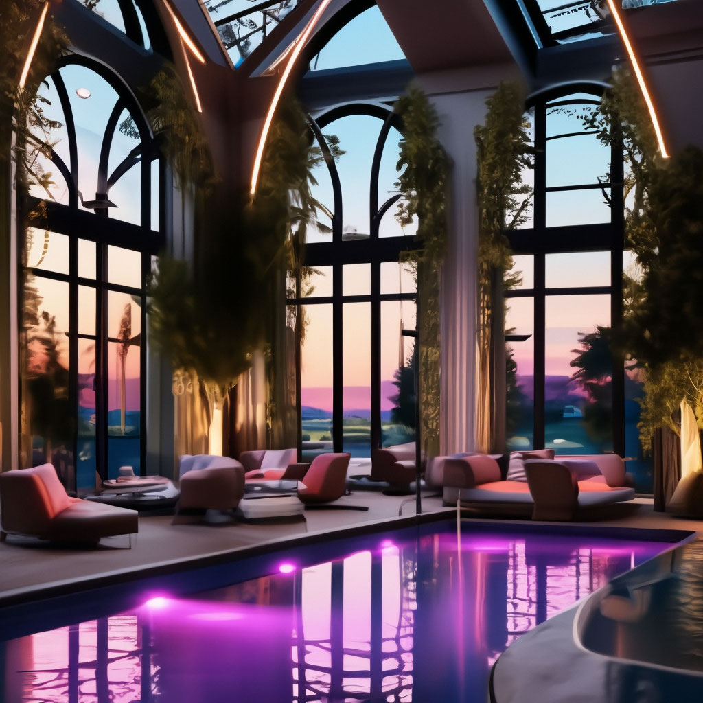 "Interior and pool party, neon, high windows" — image created in Shedevrum