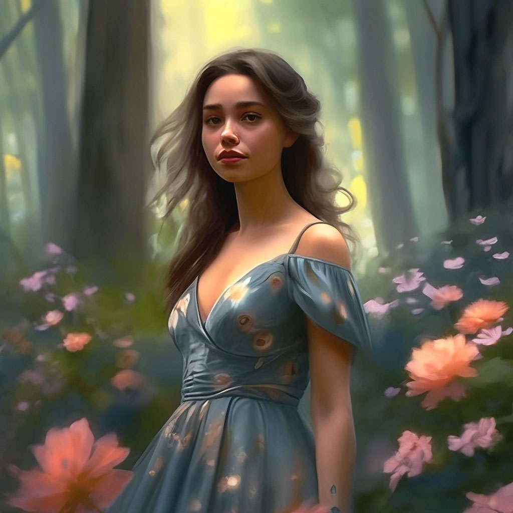 "A girl in a beautiful dress among flowers on a forest background ...