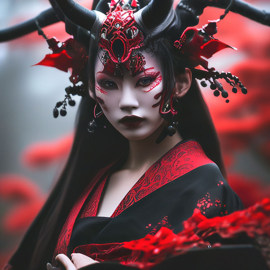demonic girl with horns, face with makeup, !! the girl is holding a red ...