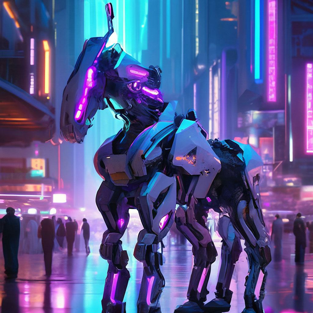 "A robot horse in the city of the future. high detail. neon blue and ...