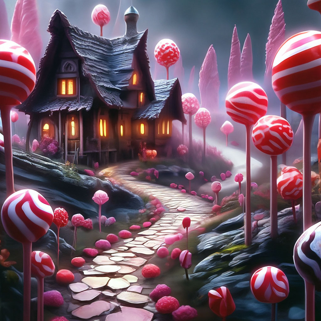 "The path between the witch's dark houses of candy lollipops valley of