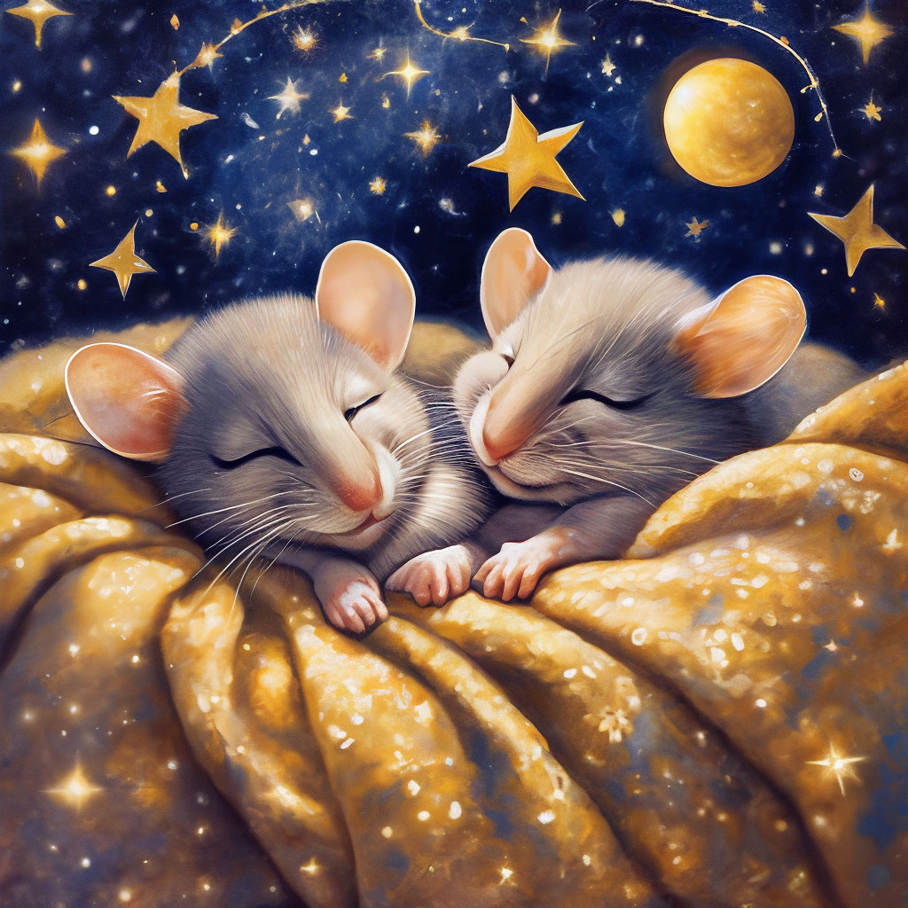 "A constellation of sleeping mice under a blanket with a golden moon ...