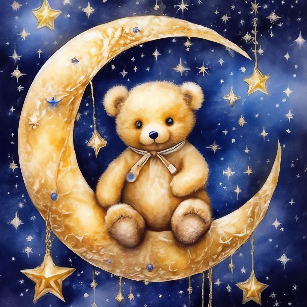 "Teddy bear is sitting on a crescent moon, stars on golden threads hang ...